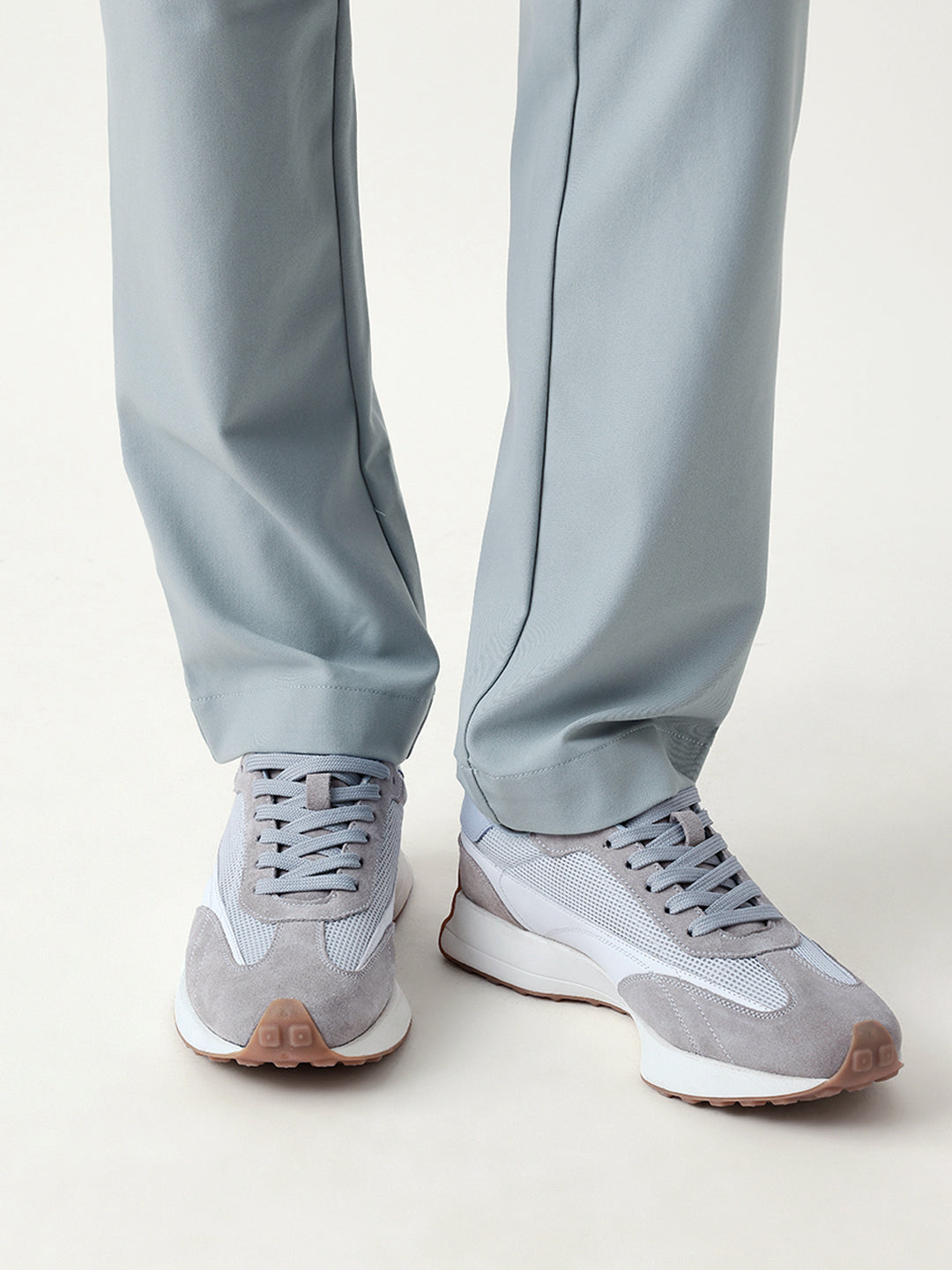 GREY SUEDE & MESH LACE-UP SNEAKERS WITH CONTRAST WHITE HEEL DETAIL