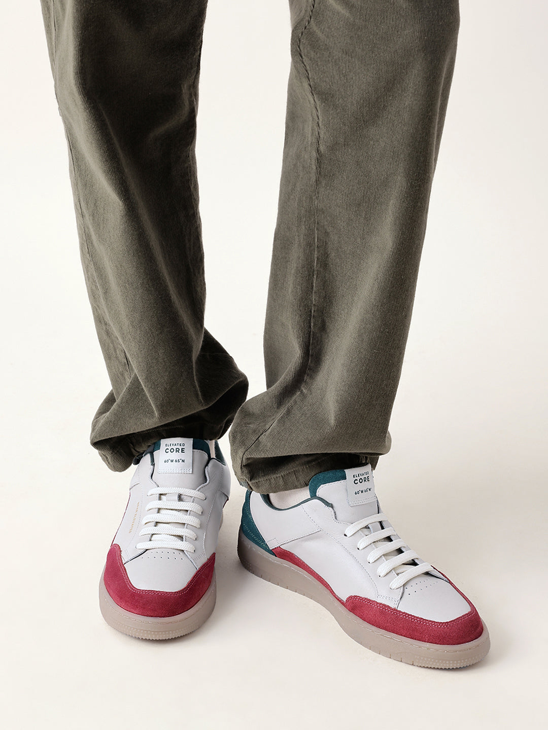 The Bear House WHITE & RED LEATHER & SUEDE LACE-UP SNEAKERS WITH TPR SOLE