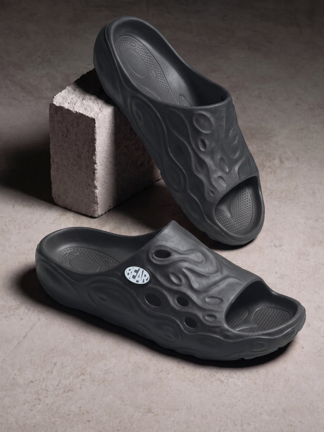 Black Textured Slip-On Casual Slides by The Bear House