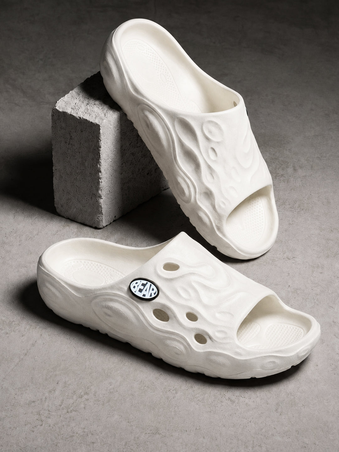 White Textured Slip-On Casual Slides by The Bear House