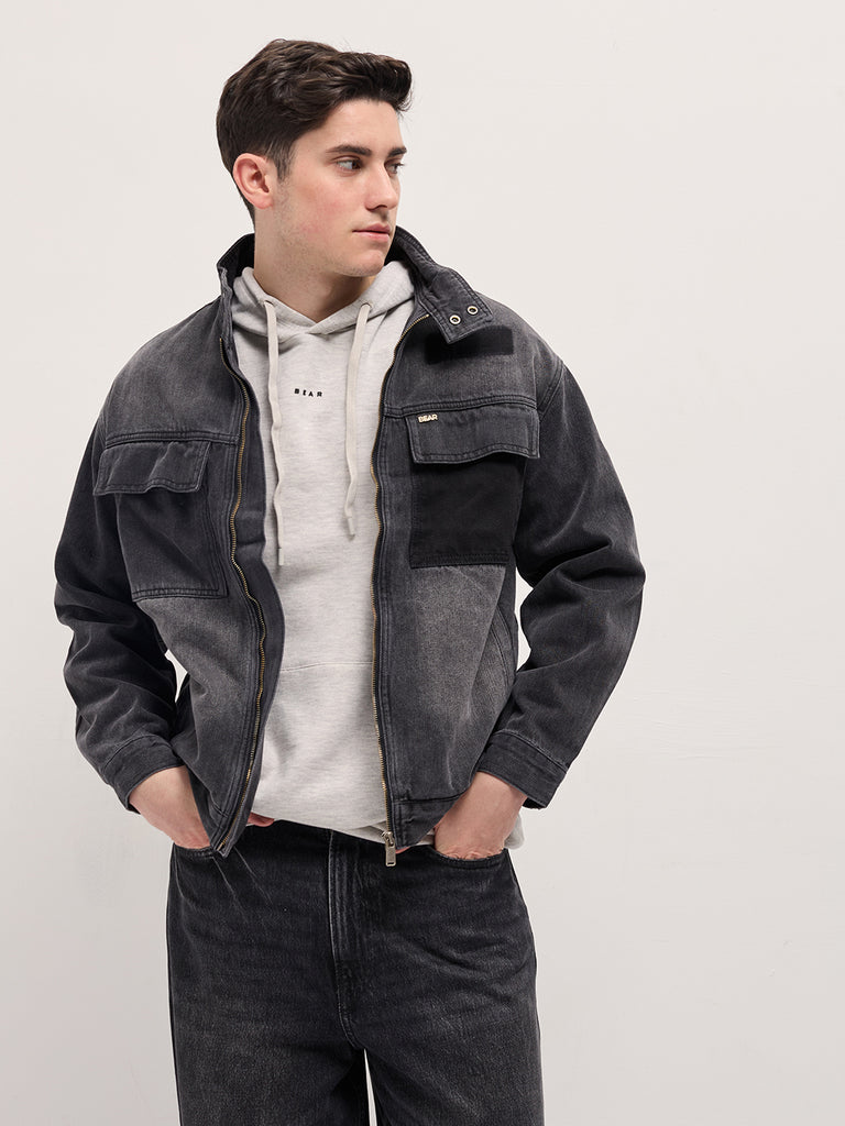 Shop Charcoal Grey Denim Jacket with Mock Collar and Multiple