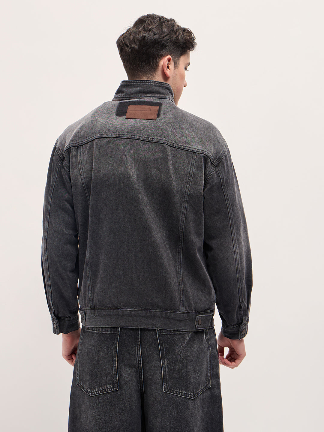 Shop Charcoal Grey Denim Jacket with Mock Collar and Multiple