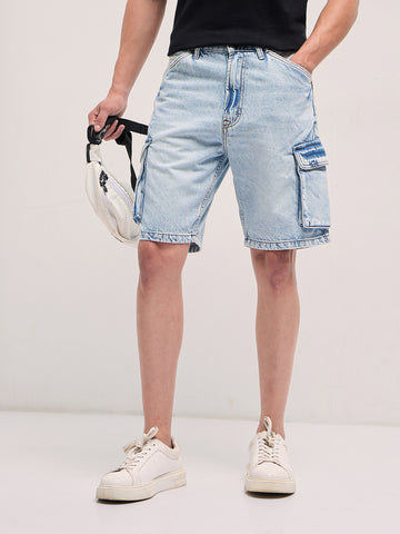 Shop Light Blue Baggy Fit Denim Cargo Shorts with Utility Pockets