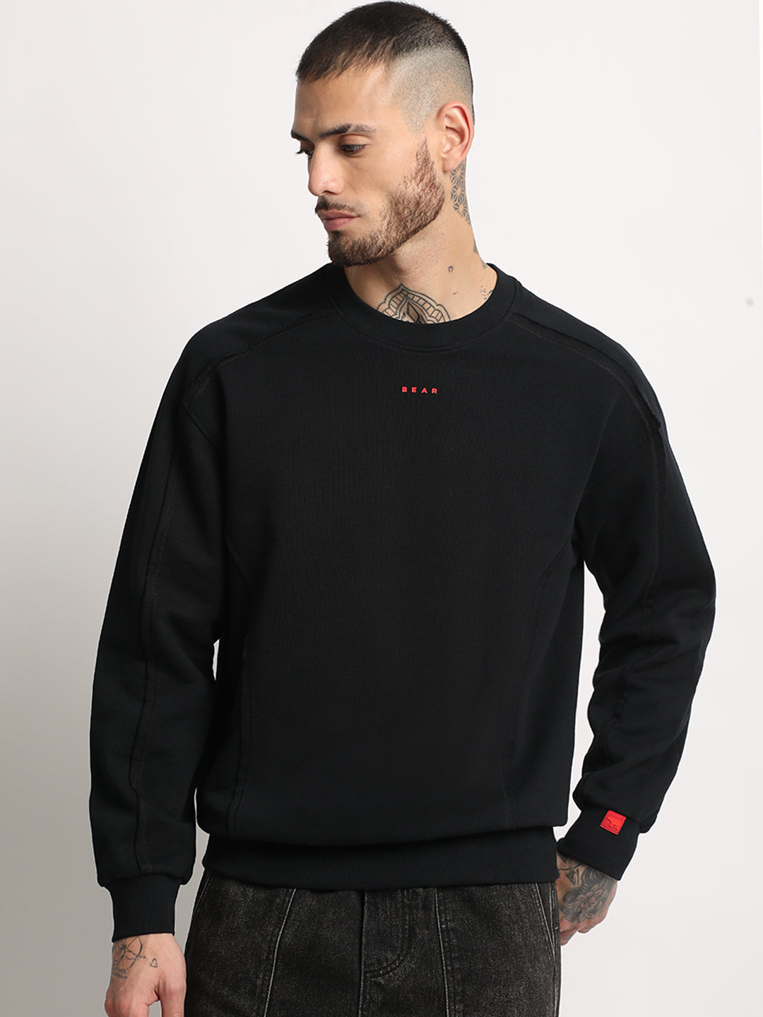 Shop Men Black Solid Inside Out Stitch Relaxed Fit Sweatshirt