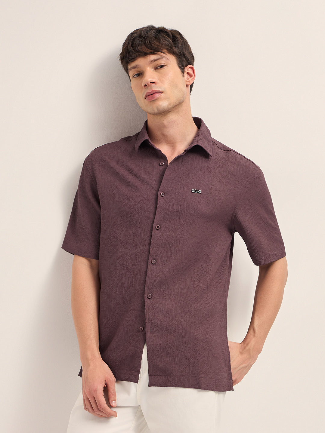 Shop Maroon All-Over Textured Leaf Motif Oversized Casual Shirt with ...