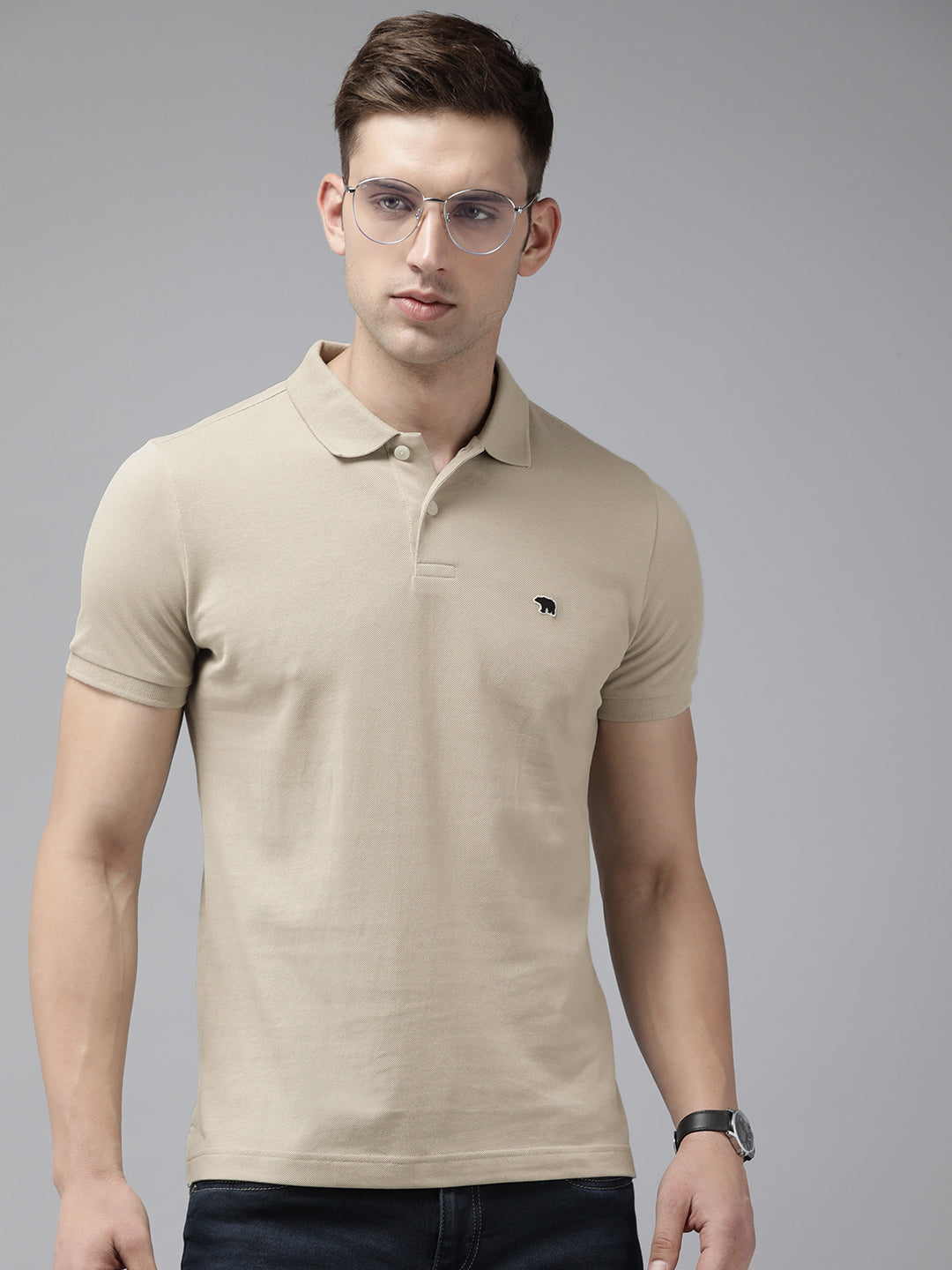 Men Beige Solid Slim Fit Polo Collar T-shirt