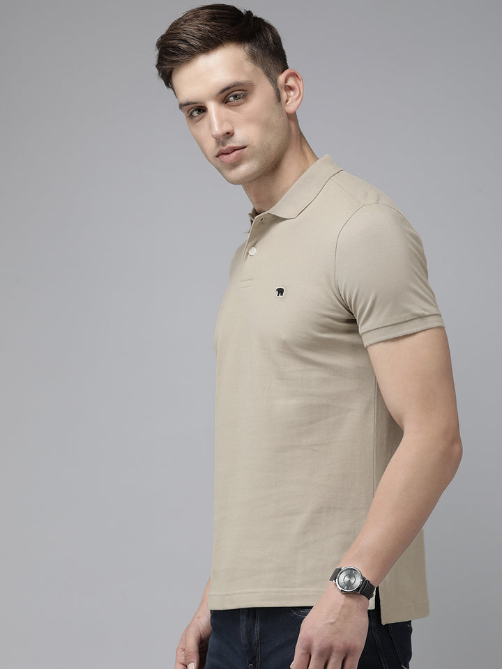 Men Beige Solid Slim Fit Polo Collar T-shirt