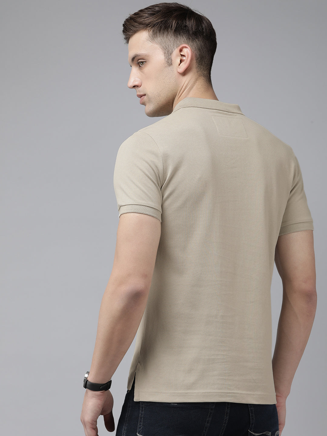 Men Beige Solid Slim Fit Polo Collar T-shirt