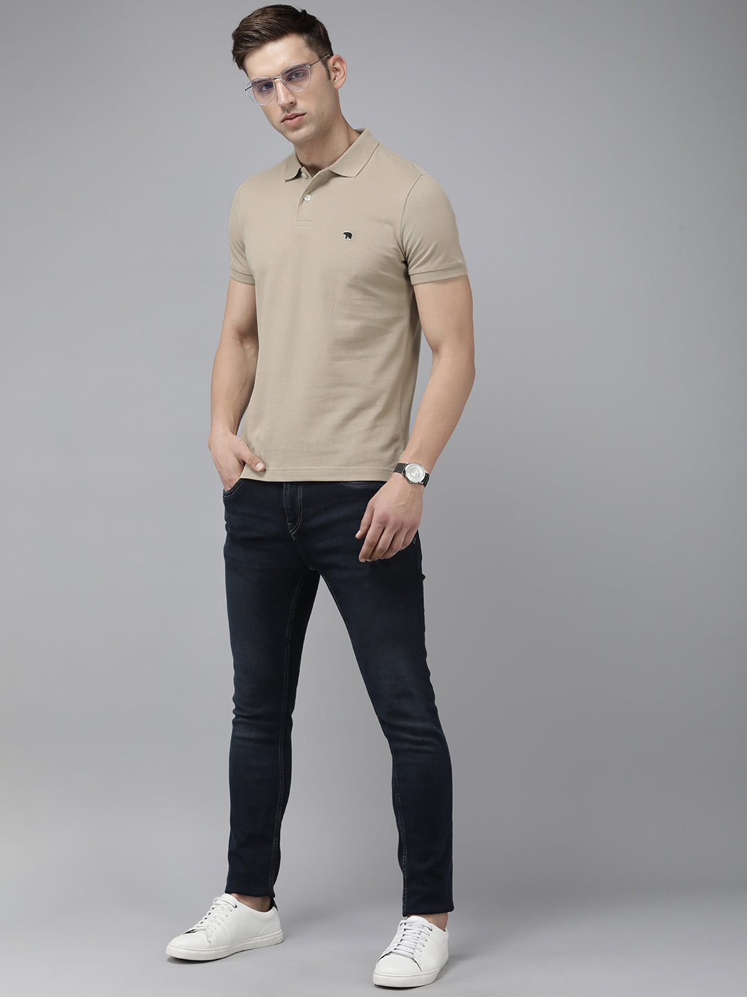 Men Beige Solid Slim Fit Polo Collar T-shirt