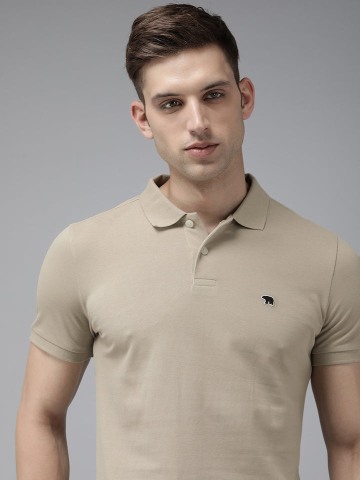 Men Beige Solid Slim Fit Polo Collar T-shirt