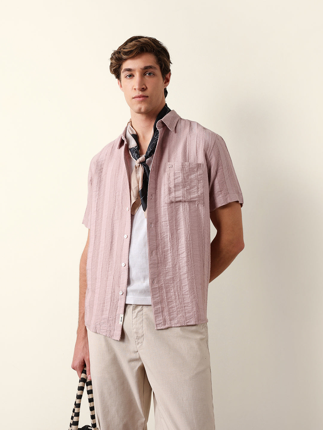 The Bear House BLACK VERTICAL STRIPE DOBBY WOVEN REGULAR FIT CASUAL SHIRT