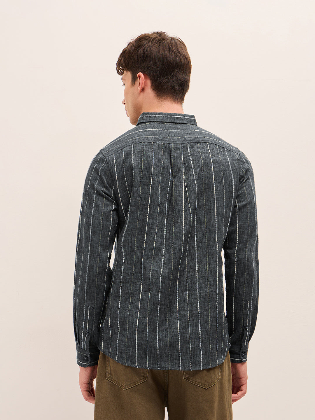 Baleko Shop Grey Woven Vertical Stripes Slim Fit Casual Shirt Online ...