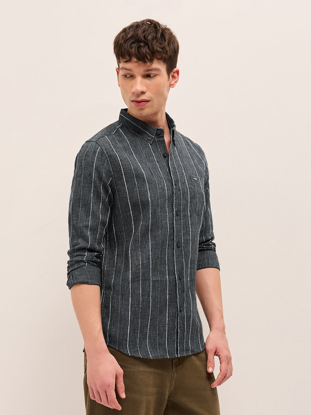 Baleko Shop Grey Woven Vertical Stripes Slim Fit Casual Shirt Online ...