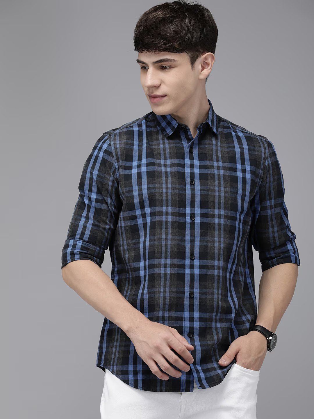 Banos - Men Blue Checked Slim Fit Cotton Casual Shirt | The Bear House