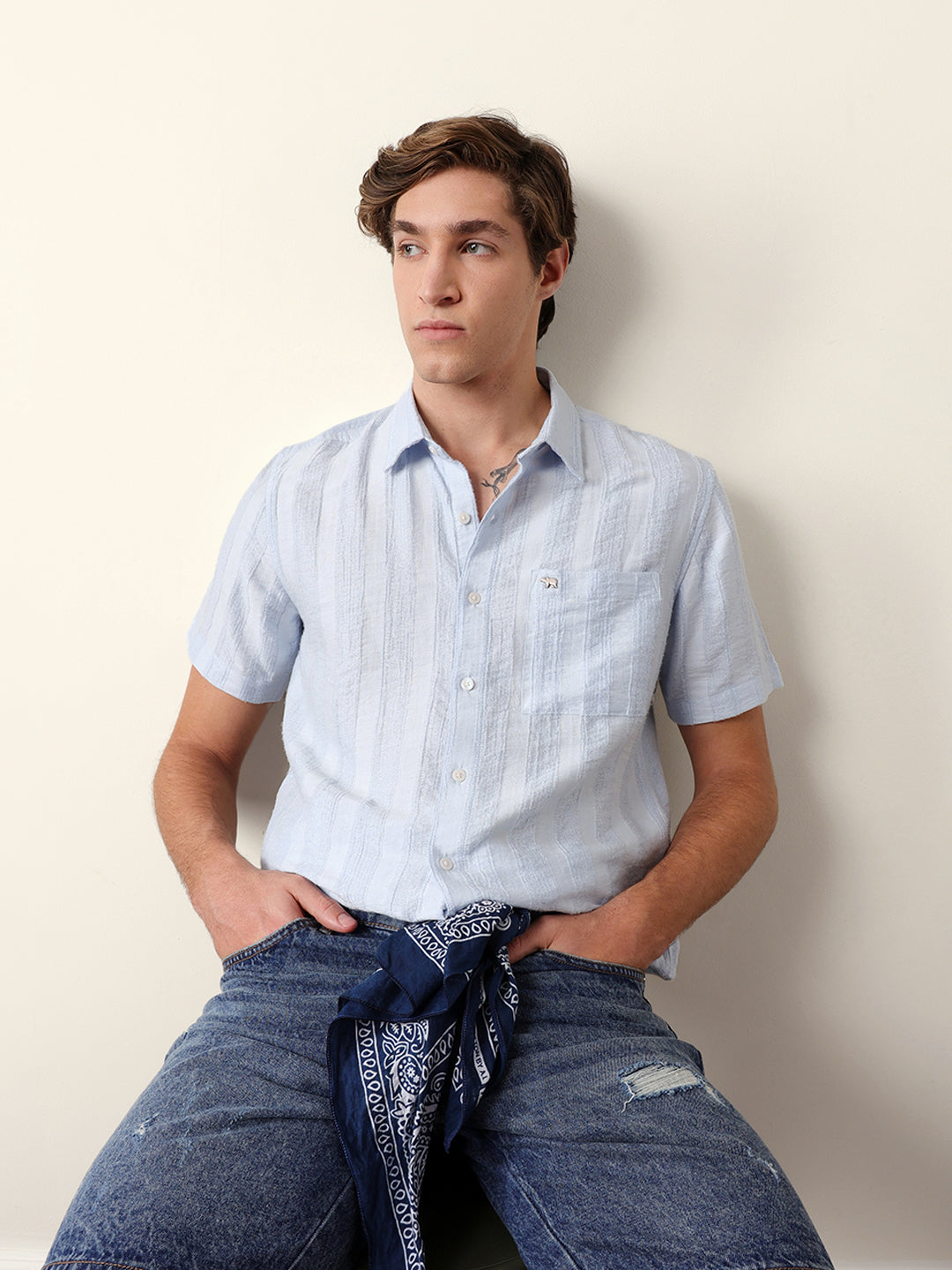 The Bear House GREEN VERTICAL STRIPE DOBBY WOVEN REGULAR FIT CASUAL SHIRT India