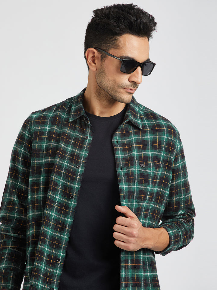 Elgon - Men Green Checked Slim Fit Flannel Cotton Casual Shirt | The Bear House