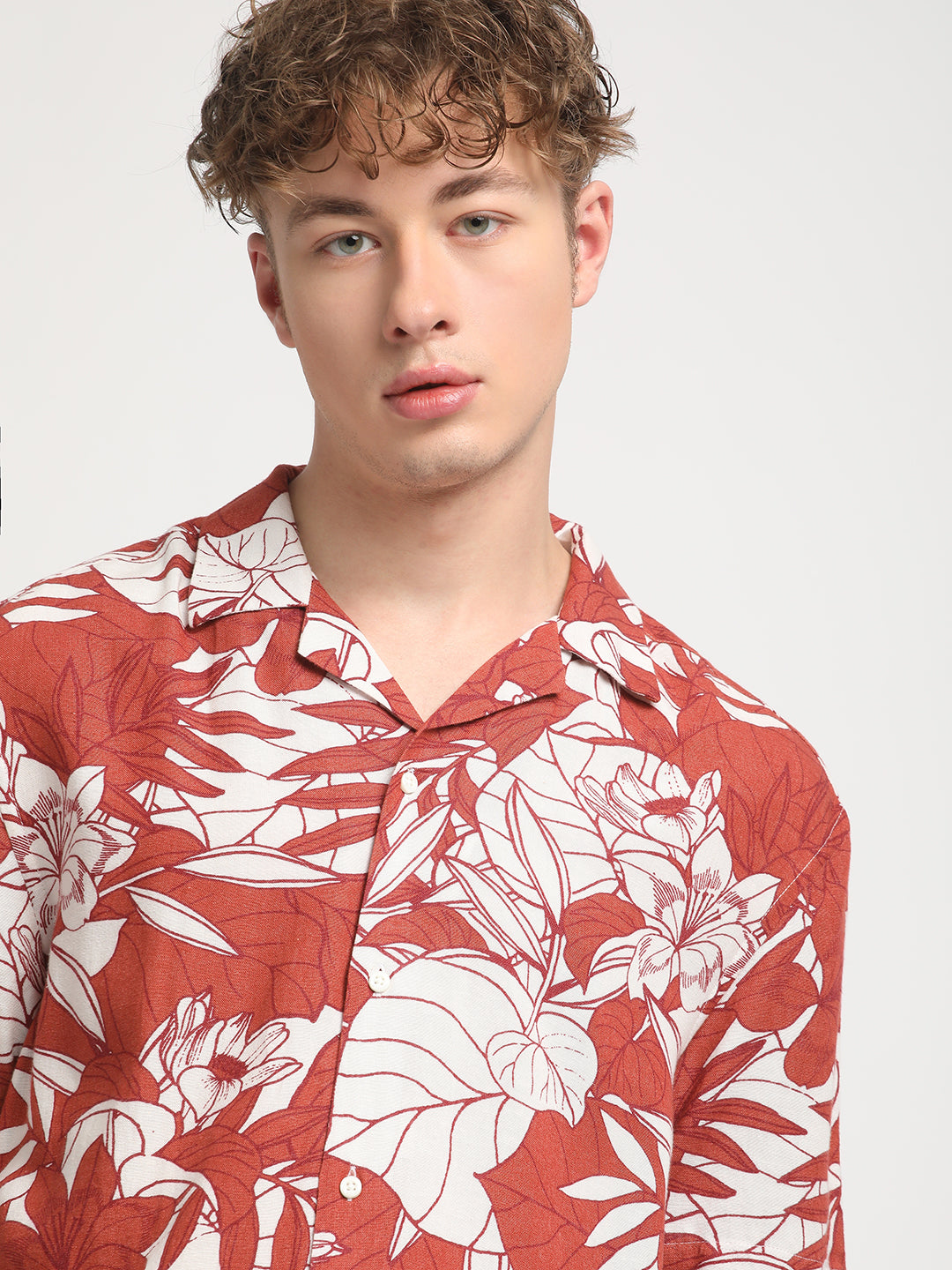 MEN ORANGE PRINTED REGULAR FIT COTTON LINEN CASUAL SHIRT