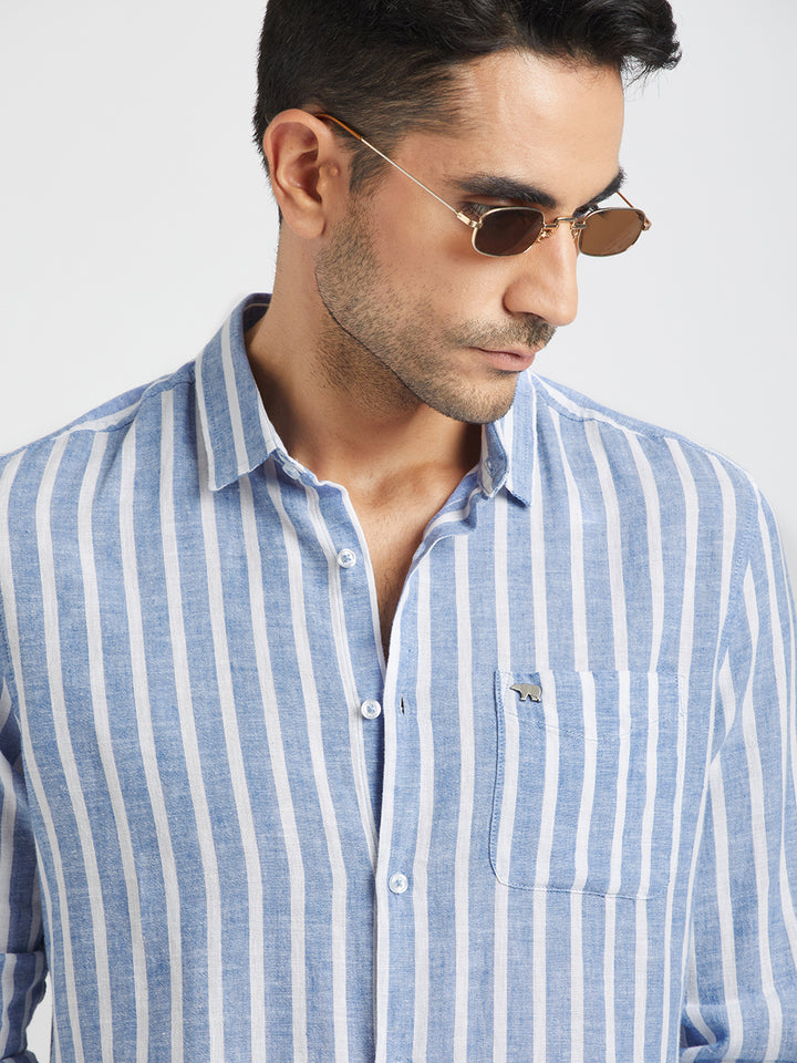 Idi - Men Blue Striped Slim Fit Cotton Linen Casual Shirt | The Bear House