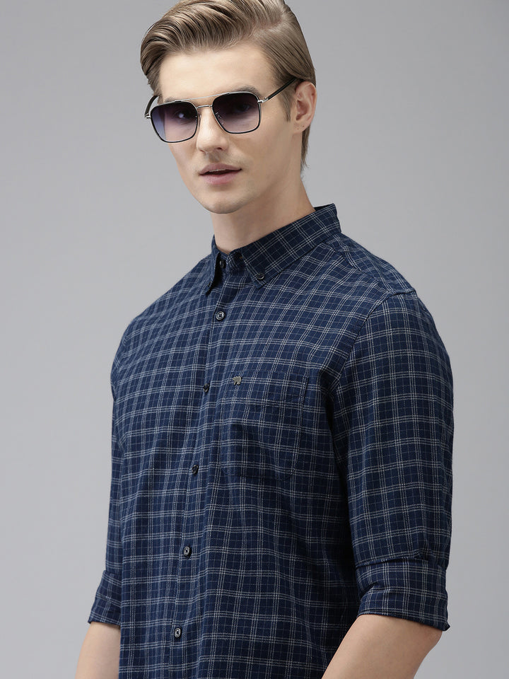 Jmeni - Men Blue Checked Slim Fit Cotton Casual Shirt | The Bear House