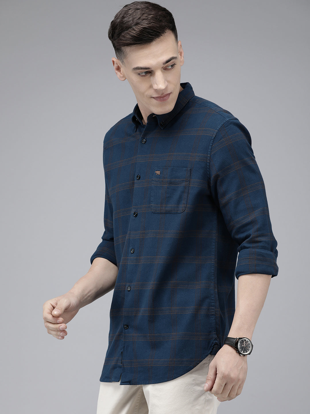 Kabos - Men Blue Checked Slim Fit Cotton Casual Shirt | The Bear House