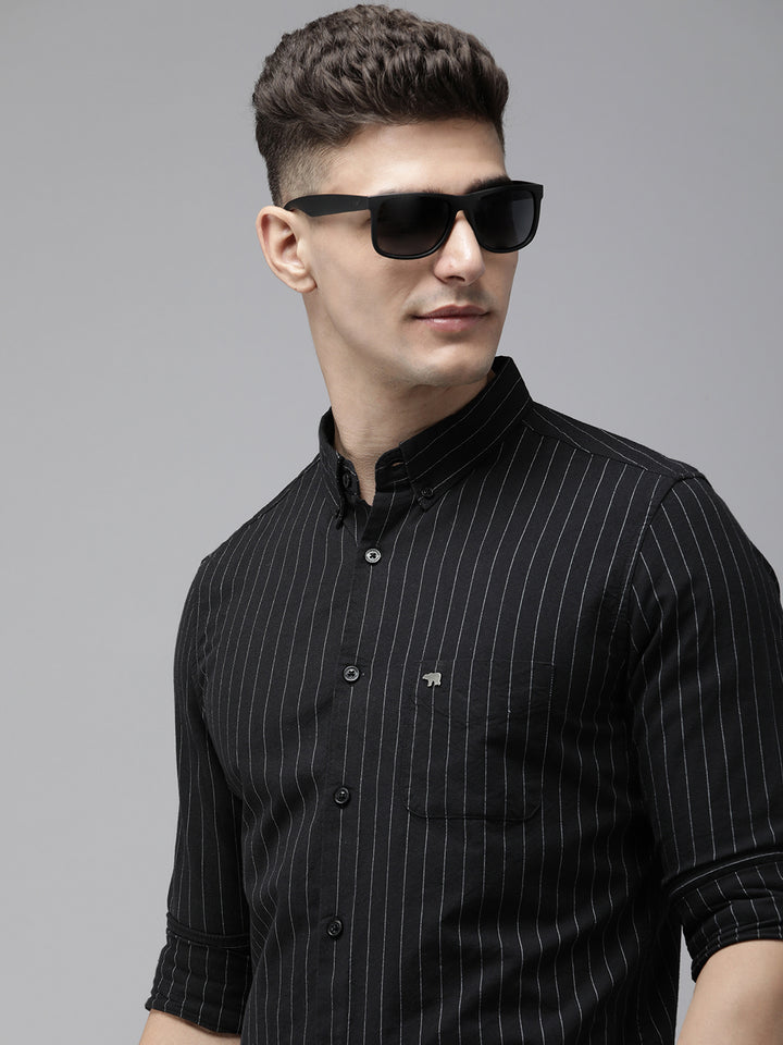 Karen - Men Black Vertical Striped Slim Fit Cotton Casual Shirt | The Bear House