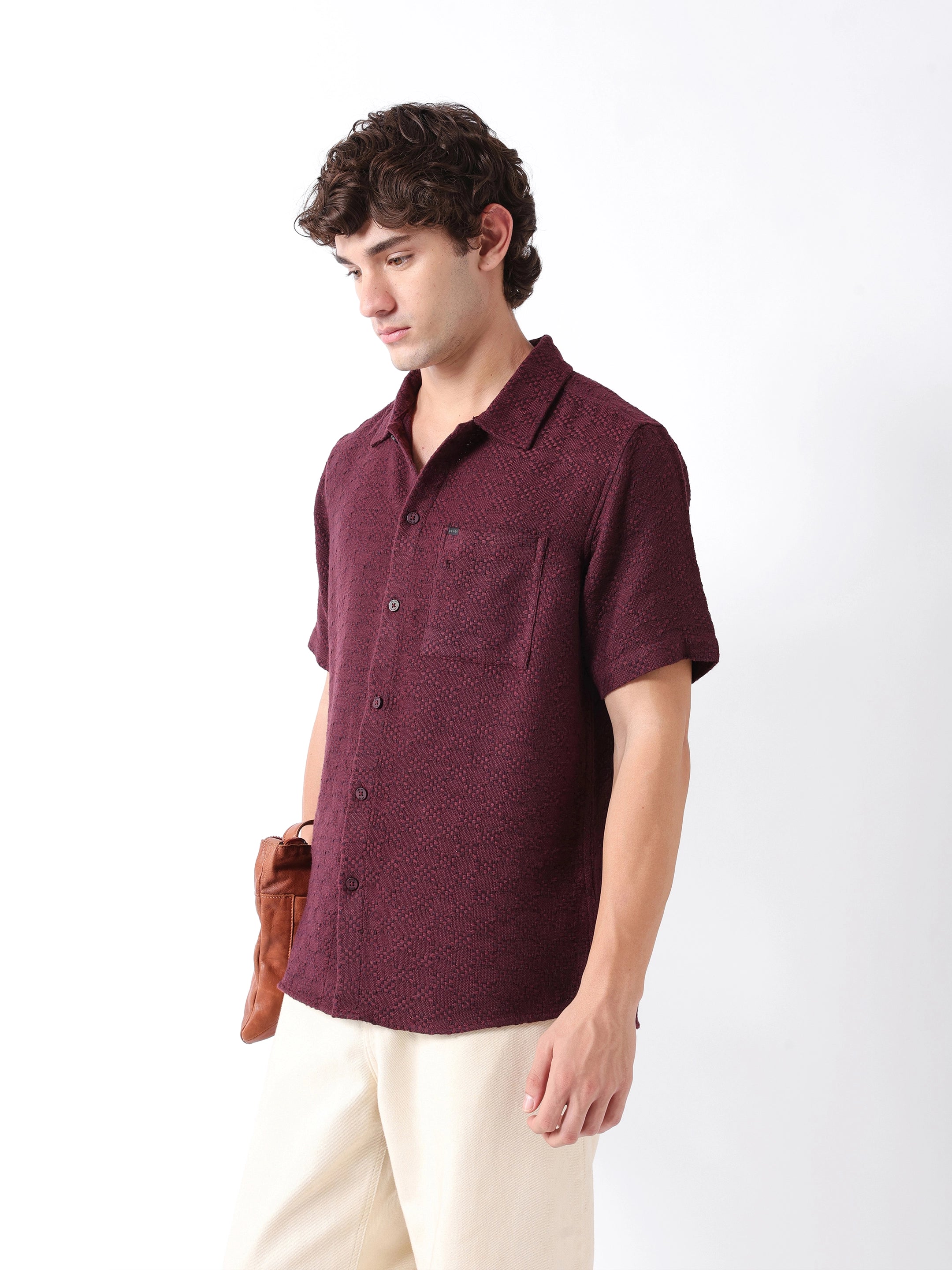 Shop Maroon Textured Dobby Weave Regular Fit Half Sleeve Casual Shirt ...