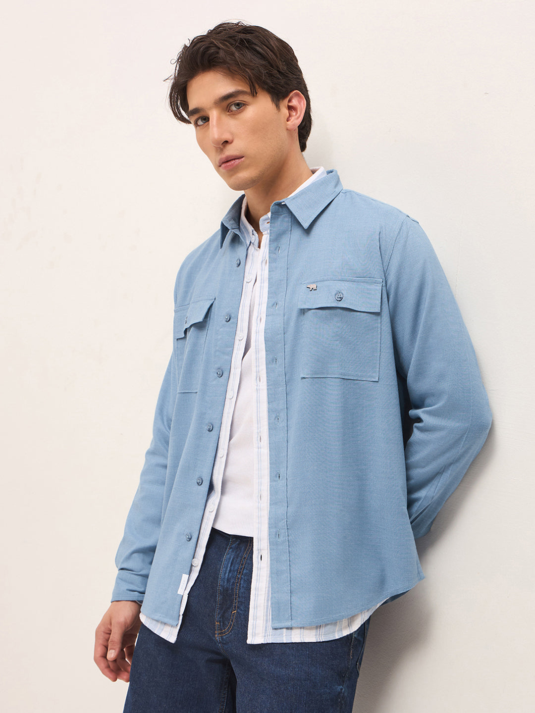 Shop Blue Solid Regular Fit Casual Shirt with Double Flap Chest Pockets ...