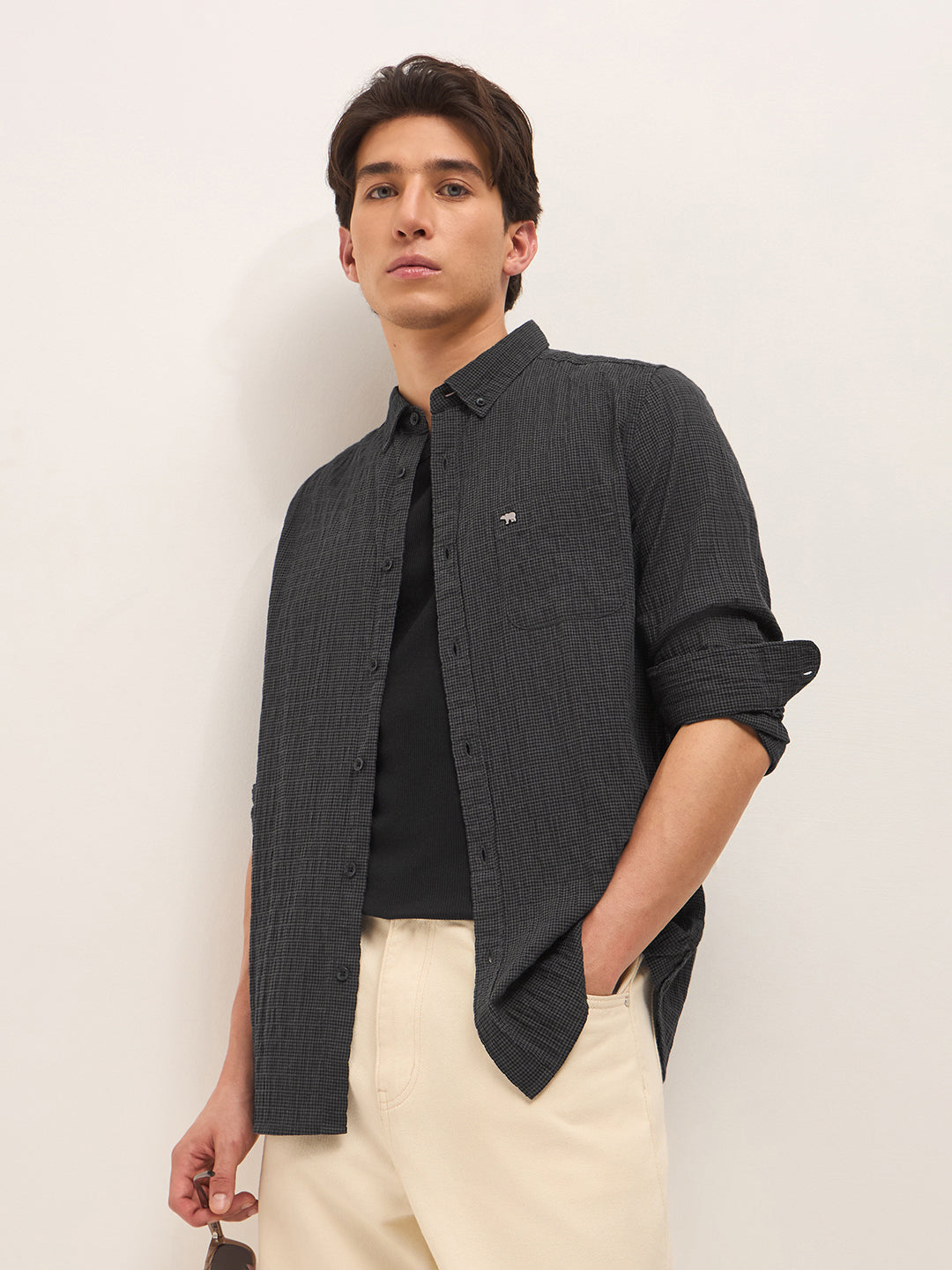 Sample Check Micro Shop Black Woven Micro Checks Slim Fit Casual Shirt Online. | The Bear ...