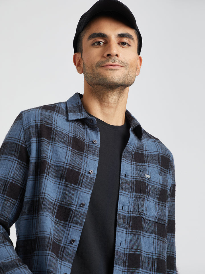 Mikeno - Men Blue Checked Slim Fit Cotton Casual Shirt | The Bear House