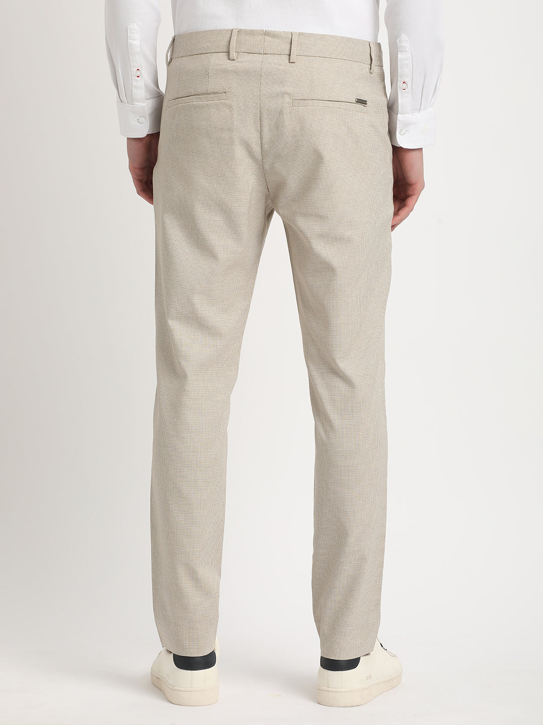 Shop Men Beige Self Design Slim Fit Formal Trouser Online