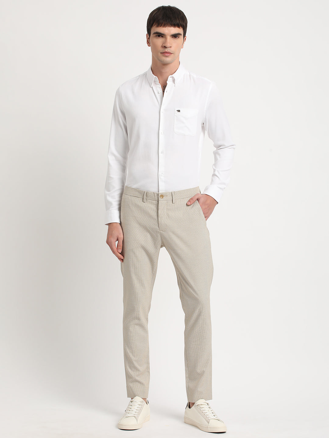 Shop Men Beige Self Design Slim Fit Formal Trouser Online – bearhouseindia