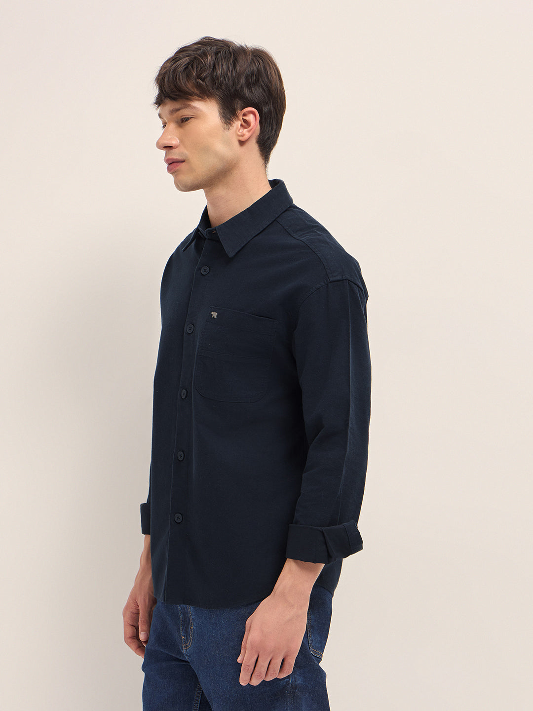 Shop Navy Blue Solid Relaxed Fit Long Sleeve Overshirt Online