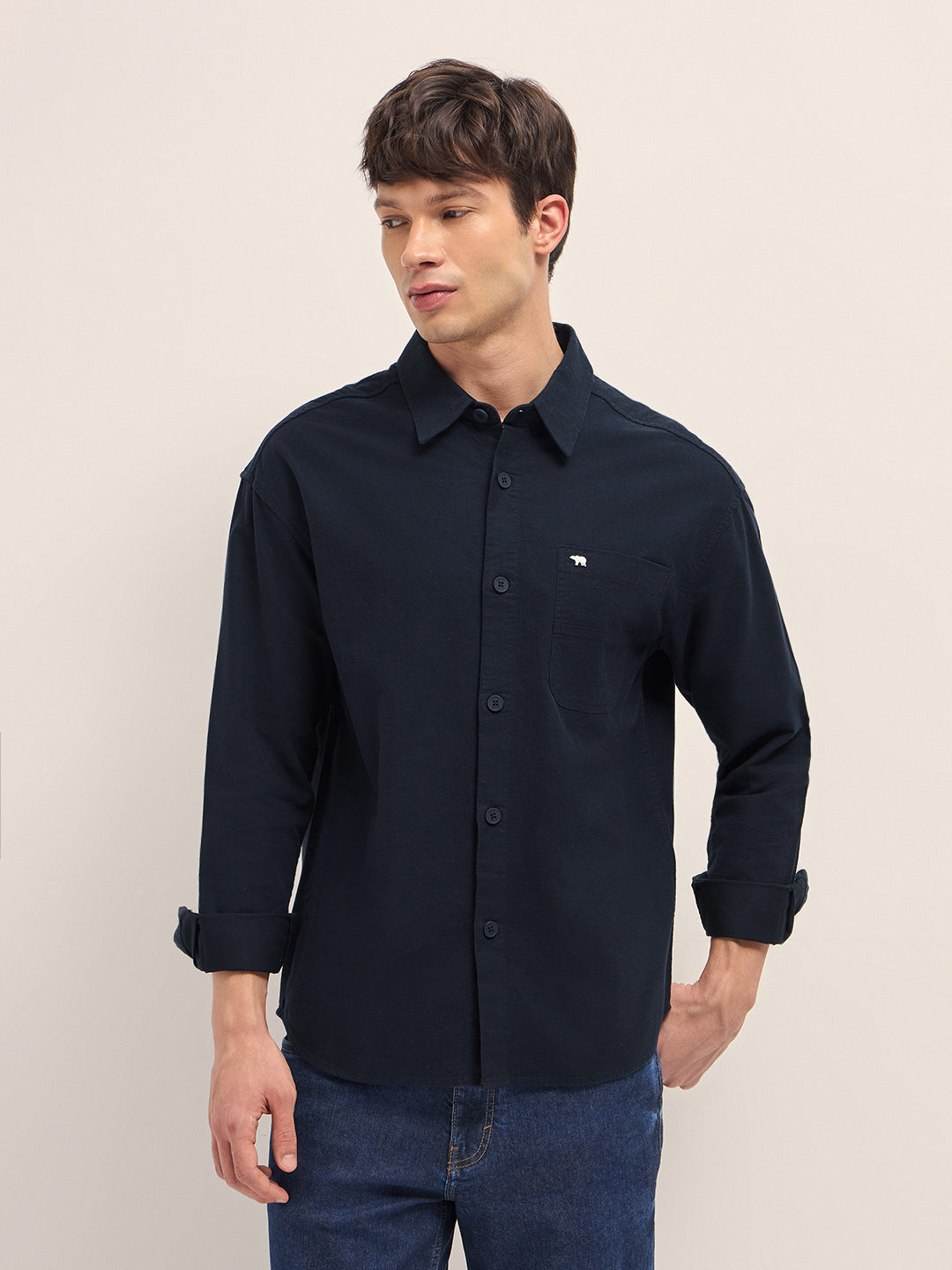 Shop Navy Blue Solid Relaxed Fit Long Sleeve Overshirt Online