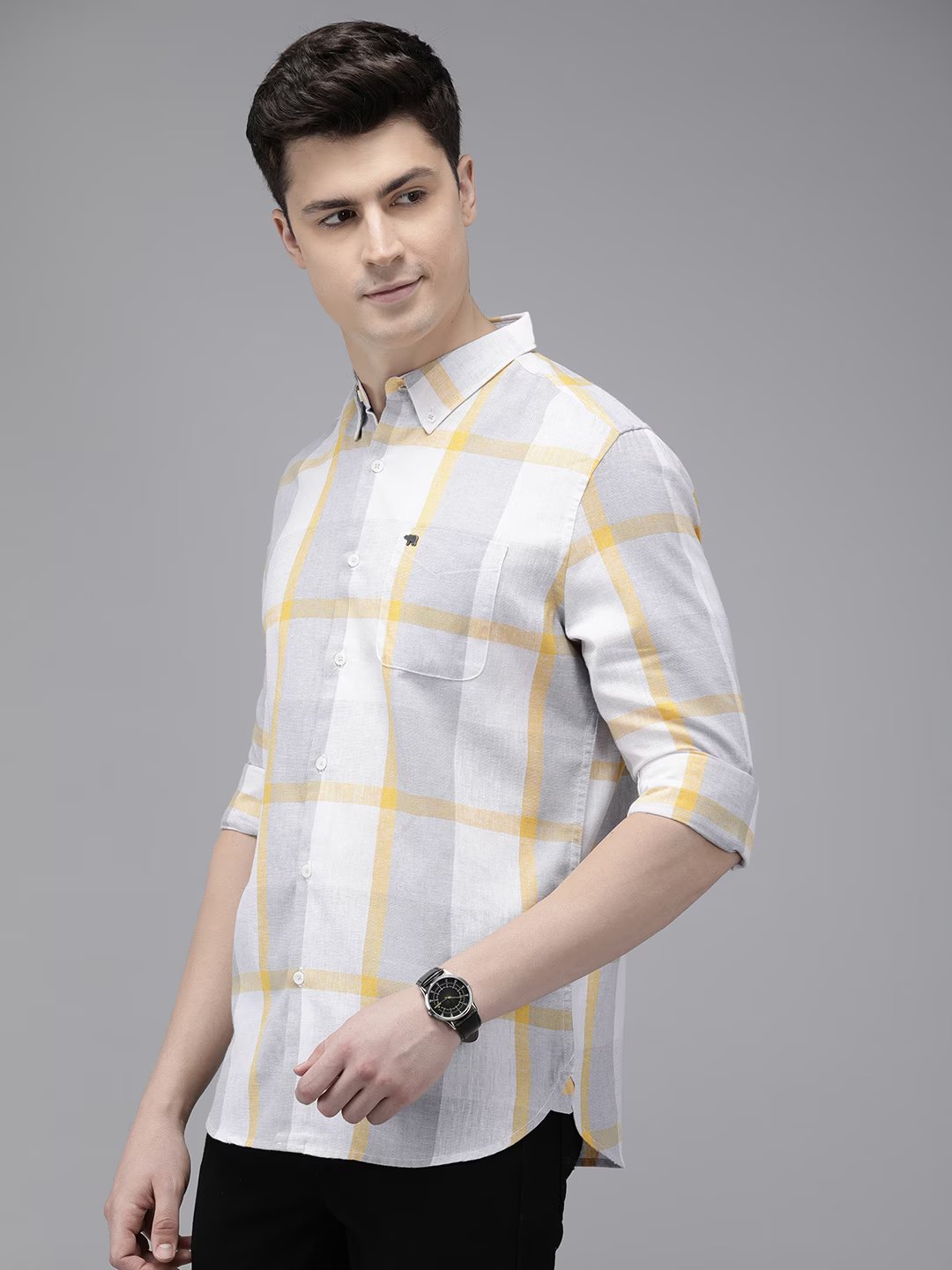 Rado - Men Grey Checked Slim Fit Cotton Blend Casual Shirt | The Bear House