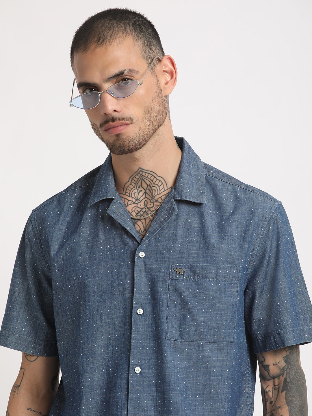 Men Blue Printed Regular Fit Cotton Casual Shirt by The Bear House