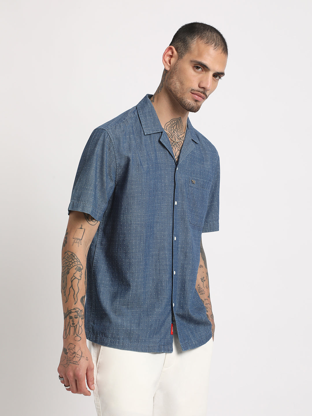 Men Blue Printed Regular Fit Cotton Casual Shirt by The Bear House