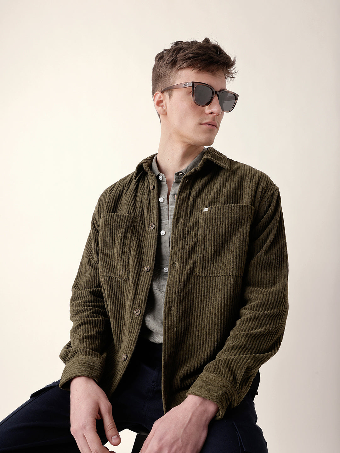 Shop Olive Corduroy Relaxed Fit Textured Overshirt Online. Explore
