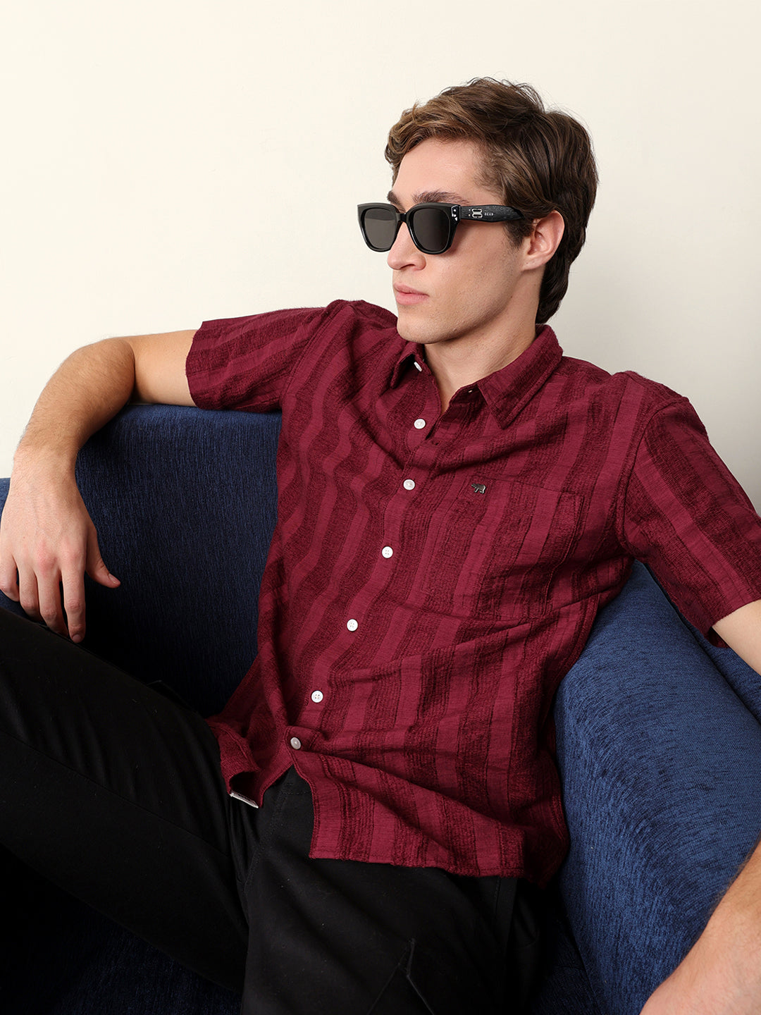 The Bear House PURPLE VERTICAL STRIPE DOBBY WOVEN REGULAR FIT CASUAL SHIRT India