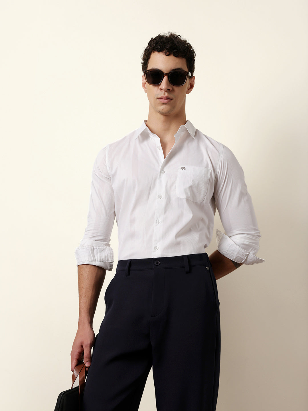 BEIGE WOVEN TEXTURED SOLID SLIM FIT CASUAL SHIRT