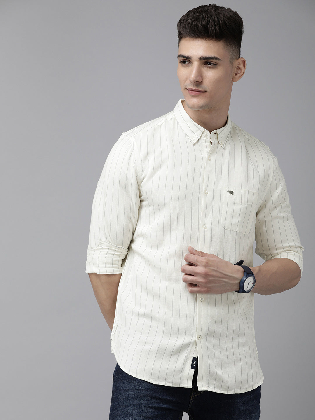 Wydal - Men White Vertical Striped Slim Fit Cotton linen Casual Shirt | The Bear House