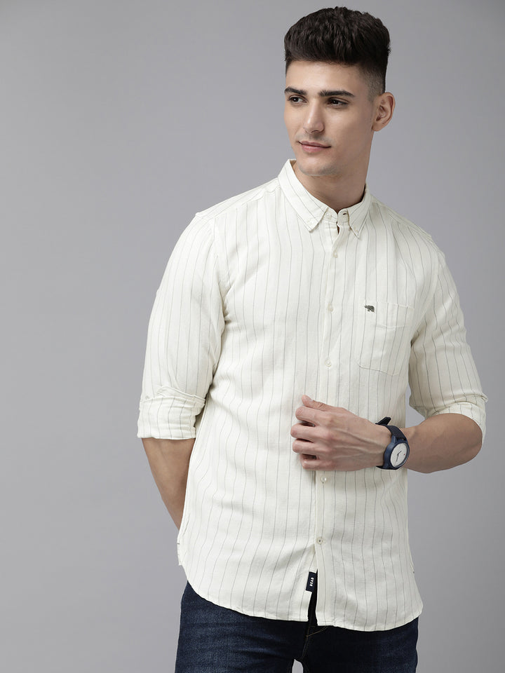Wydal - Men White Vertical Striped Slim Fit Cotton linen Casual Shirt | The Bear House