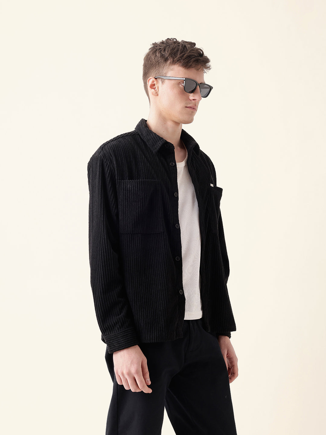 Shop Black Corduroy Oversized Fit Textured Overshirt with Double