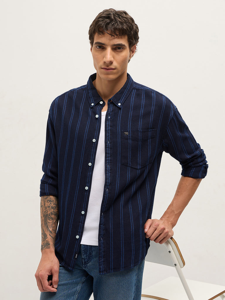 Shop Navy Blue Woven Herringbone Vertical Stripes Relaxed Fit