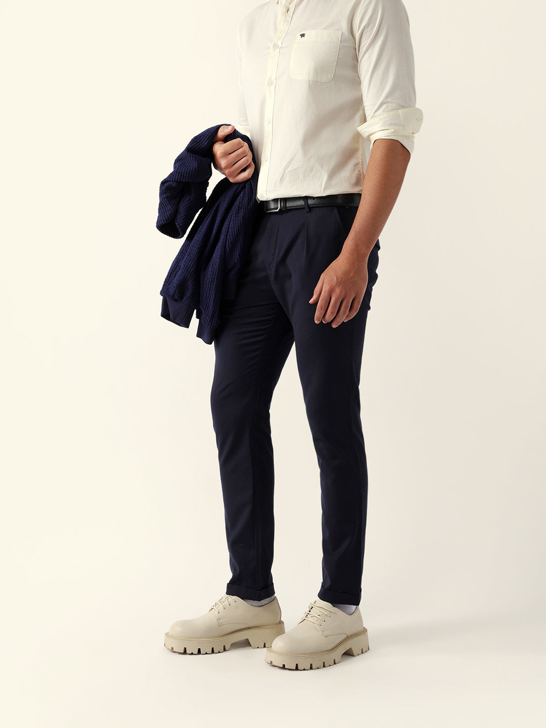 The Bear House DARK BLUE REGULAR FIT SOLID FORMAL TROUSERS WITH FRONT PLEAT India