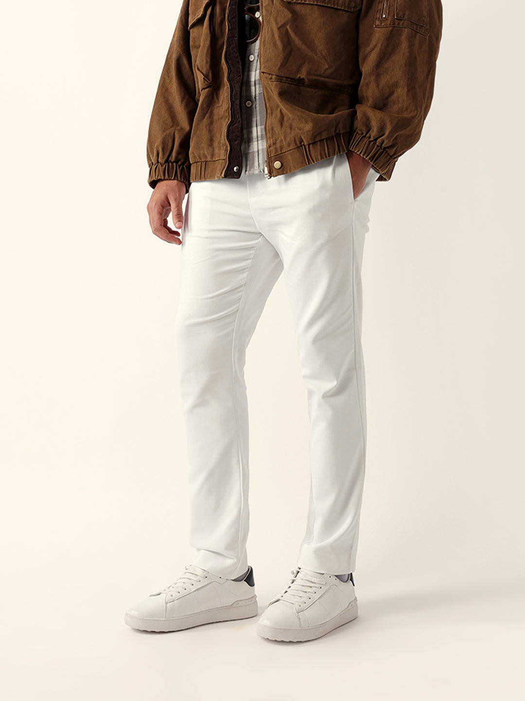 The Bear House WHITE SLIM-FIT FORMAL TROUSERS WITH ELASTICATED DRAWSTRING WAISTBAND India