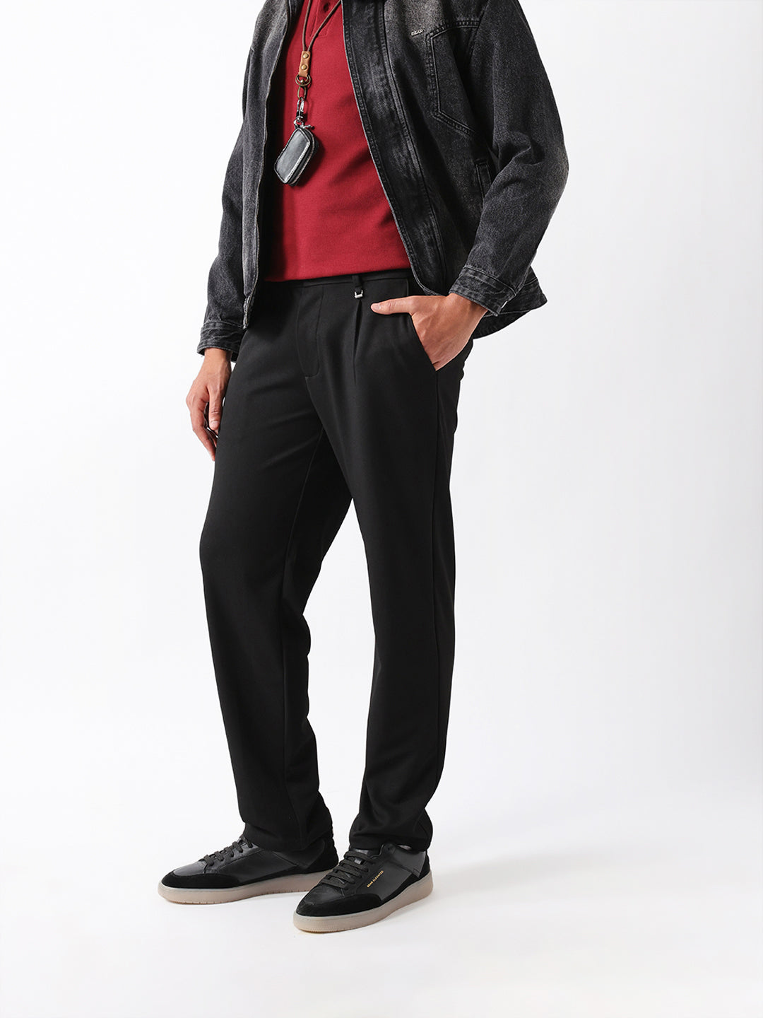 The Bear House BLACK STRAIGHT FIT SOLID SMART CASUAL TROUSERS WITH FRONT PLEATS India