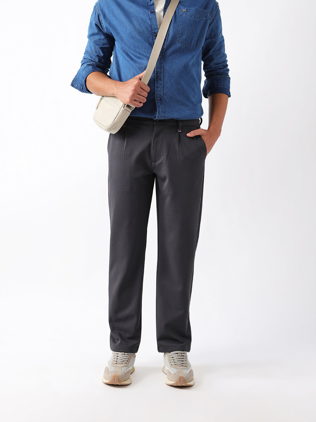 The Bear House GREY STRAIGHT FIT SOLID SMART CASUAL TROUSERS WITH FRONT PLEATS India