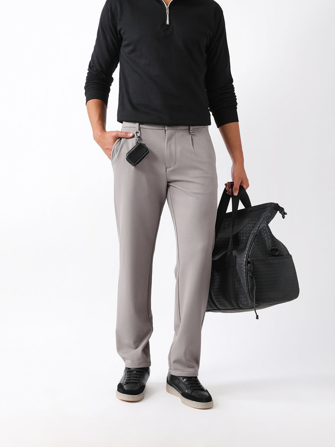 The Bear House LIGHT GREY STRAIGHT FIT SOLID SMART CASUAL TROUSERS WITH FRONT PLEATS India