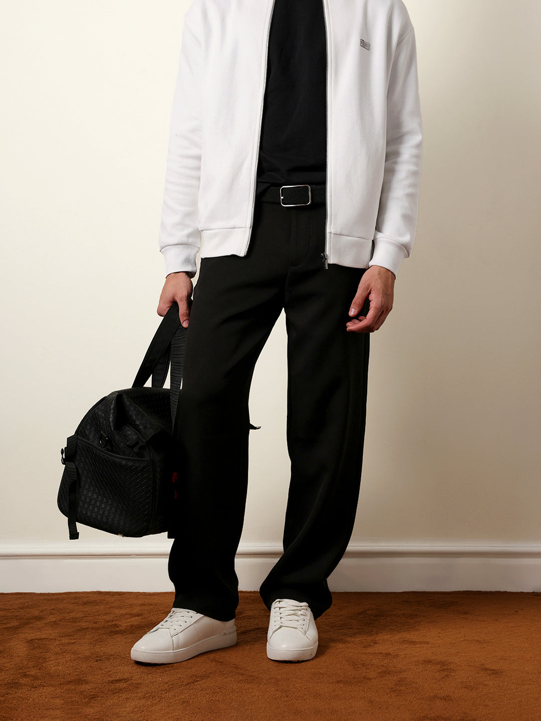 The Bear House BLACK SOLID RELAX FIT CASUAL TROUSERS WITH PARTIALLY ELASTICATED BACK WAISTBAND India