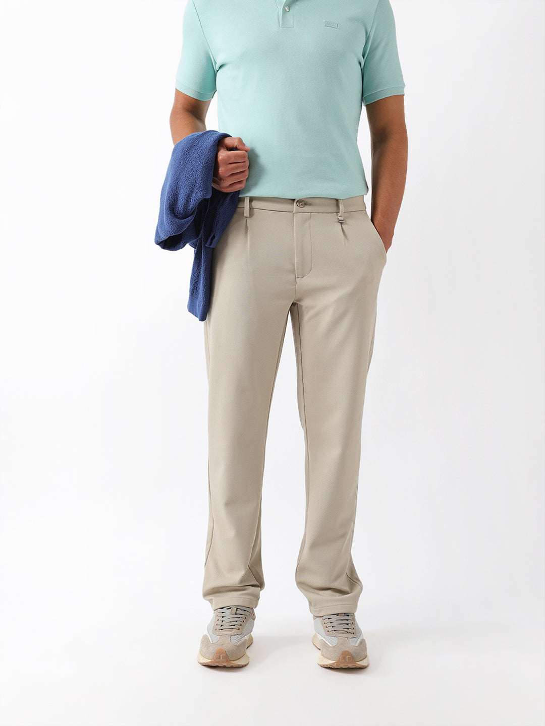 The Bear House CREAM STRAIGHT FIT SOLID SMART CASUAL TROUSERS WITH FRONT PLEATS India